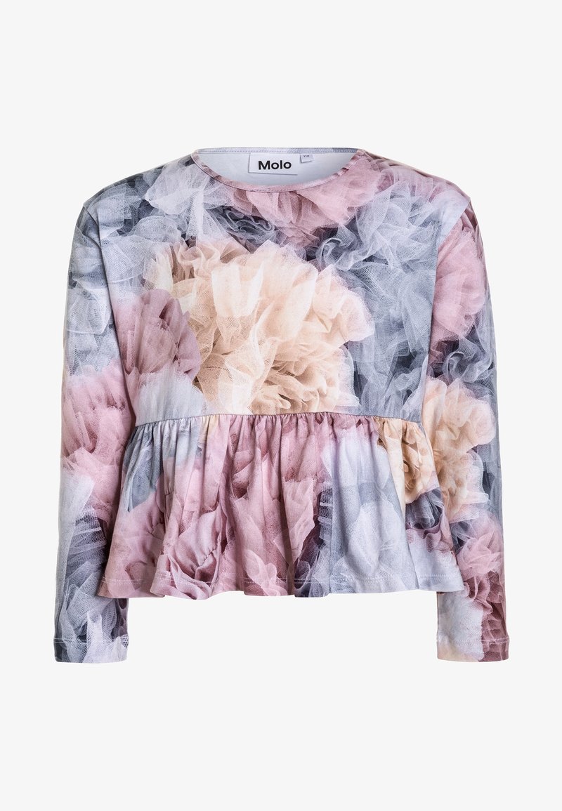 Dlouhý rukáv top s peplum lemem, vyrobený z měkké tkaniny. Obsahuje květinový potisk v růžových, béžových a šedých tónech s volánkovými texturami.