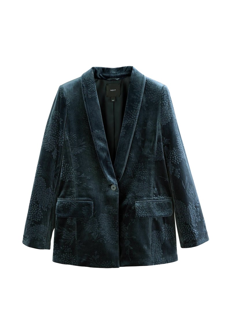 Velours blazer in diep teal met getextureerde bloemmotieven, enkele knoopsluiting aan de voorkant, geknipte revers en twee voorkezen. Gevoerde binnenkant.