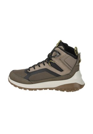 High-top hiking shoe in brown and black, featuring textured fabric, synthetic overlays, a cushioned sole, and patterned laces.