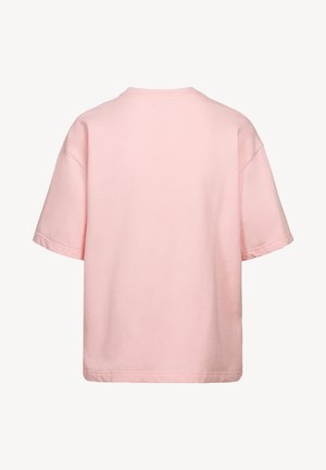 Prosty jasnoróżowy T-shirt z krótkim rękawem, pokazany od tyłu, z okrągłym dekoltem i luźnym krojem.