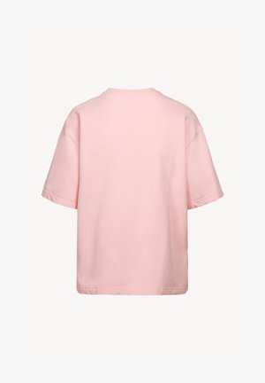 Prosty jasnoróżowy T-shirt z krótkim rękawem, pokazany od tyłu, z okrągłym dekoltem i luźnym krojem.