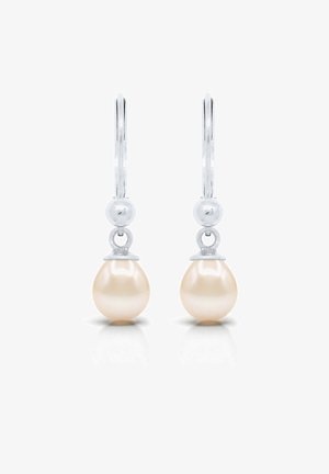Boucles d'oreilles à crochet en argent, chacune ornée d'une seule perle en forme de goutte couleur crème suspendue sous une petite perle en argent.