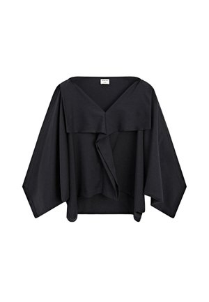 Schwarzes Wickeltop mit weitem V-Ausschnitt und überschnittenen Ärmeln, aus einem weichen, strukturierten Stoff mit einem drapierten Vorderteil.