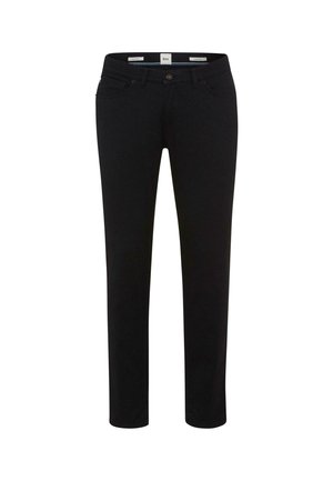 Pantaloni in denim nero con vestibilità slim, dotati di chiusura a bottone, design a cinque tasche e una texture liscia.