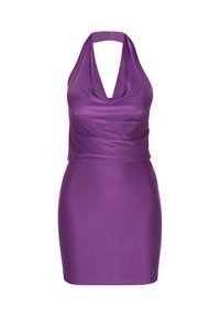 Lilla halterneck kjole med en draperet halsudskæring, lavet af glat satinmateriale. Tætsiddende silhuet med mini længde og ingen synlige detaljer.