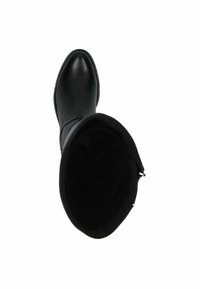 Bota de cuero negro hasta la rodilla con punta afilada y textura suave. Interior forrado con tela oscura, con cierre de cremallera en el lateral.