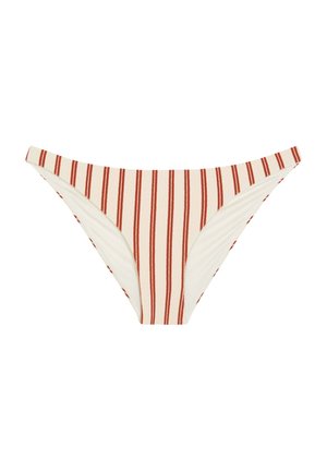 Parte inferior de bikini para mujer con base crema y rayas verticales en rojo óxido, con corte de tiro bajo y textura de tela suave.