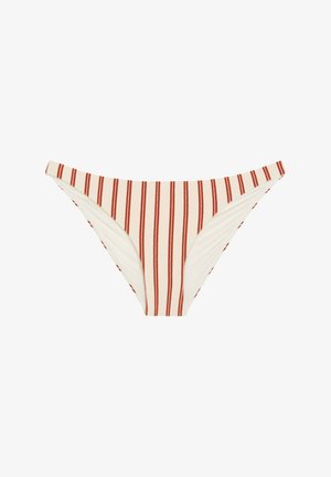 Parte inferior de bikini para mujer con base crema y rayas verticales en rojo óxido, con corte de tiro bajo y textura de tela suave.