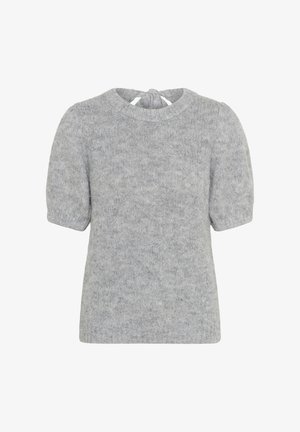 Helehall villane sviiter lühikeste puffsleevedega, ümaratsooni ja sidumisdetailiga seljal. Pehme tekstuur ja mugav lõige.