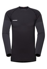 Zwart sportshirt met lange mouwen gemaakt van synthetisch materiaal, met een aansluitend ontwerp, vlakke naden en een logo op de borst.
