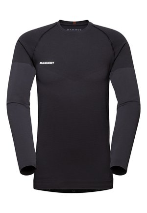 Langärmliges schwarzes Sporthemd aus synthetischem Material, mit taillierter Passform, flachen Nähten und einem Logo auf der Brust.
