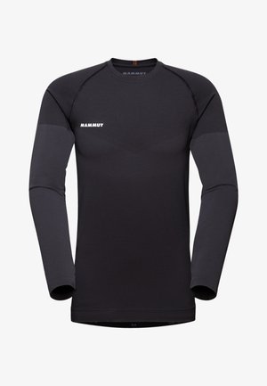 Långärmad svart sportskjorta gjord av syntetiskt material, med en figurnära design, platta sömmar och en logotyp på bröstet.