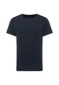 Námořnická modrá bavlněná tričko s krátkými rukávy a kulatým výstřihem. Obsahuje malé logo na hrudi a hladký, jednoduchý povrch.