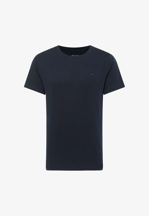 Tumši zilu kokvilnas T-kreklu ar īsām piedurknēm un apaļu kakla izgriezumu. Izceļas ar mazu logo uz krūšu daļas un gludu, vienkāršu tekstūru.