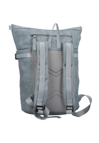 Hellgrauer Rucksack mit strukturiertem Finish, Reißverschlusstasche, verstellbaren Netzeigenschaften und seitlichen Schnallen für einen sicheren Sitz.