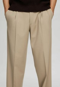 Beige pleated trousers made of smooth fabric, featuring side pockets and a tailored fit for a formal appearance.
