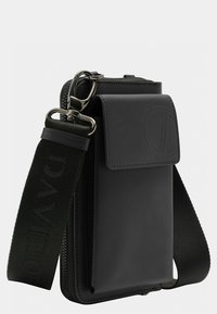 Black leather mini bag with a flap closure, featuring a contrasting green strap embossed with "DAVID." Includes a metallic clip and zipper detail.