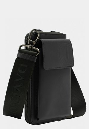 Black leather mini bag with a flap closure, featuring a contrasting green strap embossed with "DAVID." Includes a metallic clip and zipper detail.