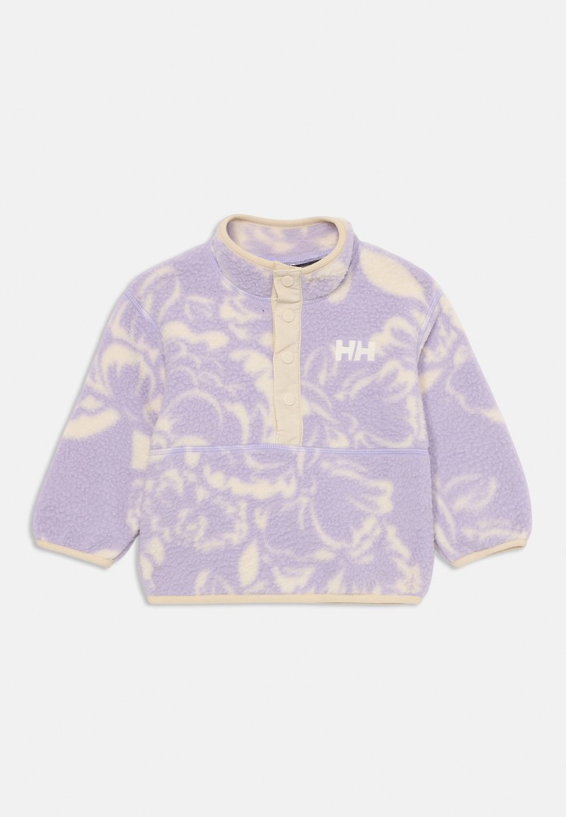 Pullover in fleece viola con motivo floreale crema, collo con bottoni a pressione e dettaglio del logo. Presenta maniche lunghe e una texture morbida.