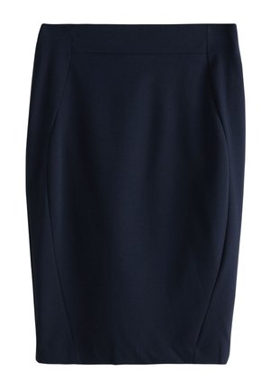 Gonna a tubino blu navy scuro al ginocchio con vita aderente e sottili dettagli di cucitura ai lati.