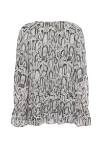 Blouse légère avec un imprimé serpent noir et blanc, des manches bouffantes et un col froncé pour une coupe décontractée.