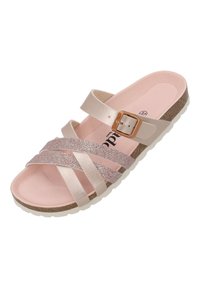 Sandales rose clair avec des brides en simili cuir, présentant une bride croisée pailletée et une boucle. Semelle extérieure imitant le liège avec un relief texturé.