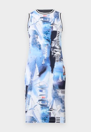 Αμάνικο εφαρμοστό φόρεμα με μπλε και λευκό ναυτικό μοτίβο που απεικονίζει ιστιοφόρα, φάρο, κύματα του ωκεανού και γλάρους.