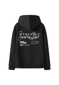 Felpa nera con cappuccio, tasca a marsupio frontale, cappuccio regolabile con cordoncino e grafica con testo e design bianchi stampati sul retro.