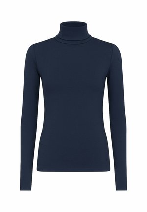Maglione turtleneck a maniche lunghe di colore blu navy, realizzato in un tessuto morbido, con un design aderente e un collo alto con dettagli di doppia cucitura.