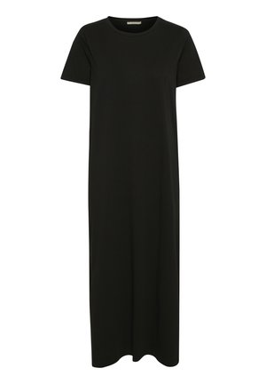 Black cotton maxi dress with short sleeves, round neckline, and a straight silhouette, featuring a smooth, solid texture.