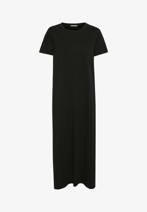 Black cotton maxi dress with short sleeves, round neckline, and a straight silhouette, featuring a smooth, solid texture.
