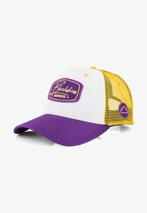 Gorra morada y blanca con la parte trasera de malla amarilla. Tiene un parche rectangular con "Blackskies" en dorado en la parte frontal y un detalle del logo en el lateral.