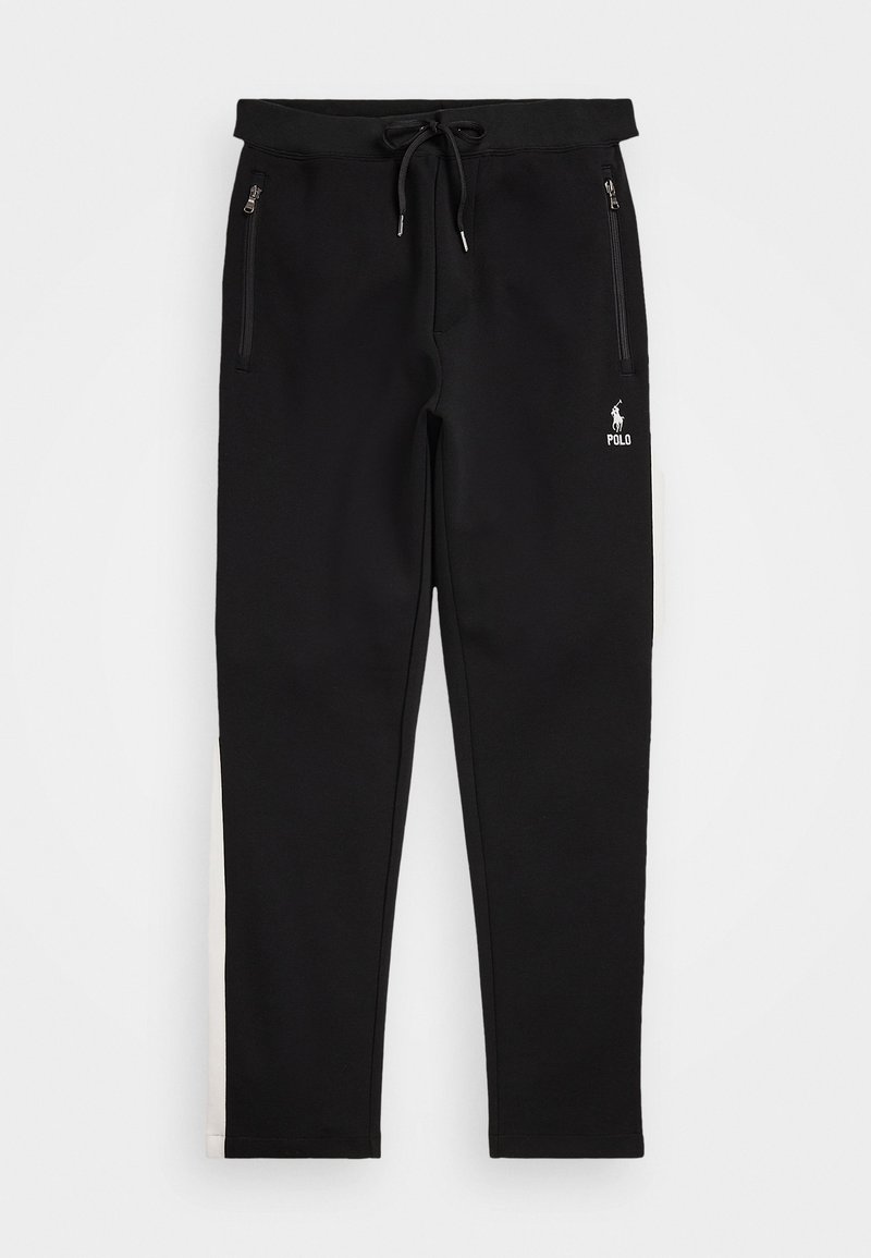 Black sweatpants made of soft fabric, featuring a drawstring waist, zippered pockets, and a white logo on the lower left leg.