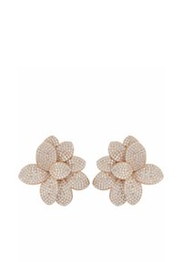 Rose gold earrings shaped like flowers, featuring multiple petal designs adorned with small sparkling stones for added texture and detail.