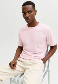 Hellrosa kurzärmeliges T-Shirt mit Rundhalsausschnitt und dezentem Logodetail. Getragen mit beigen Hosen, sitzend auf einem Metallstuhl.