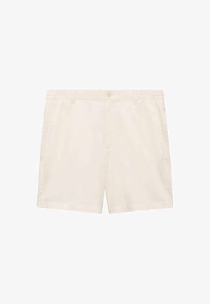 Beige Shorts aus einem glatten Stoff. Sie verfügen über einen Knopfverschluss vorne, zwei seitliche Taschen und ein klassisches, gerades Schnittdesign.