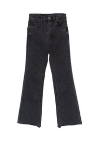 Jean flare en denim noir avec taille haute, ourlet brut, cinq poches et fermeture à bouton. Offre une finition lisse et texturée.