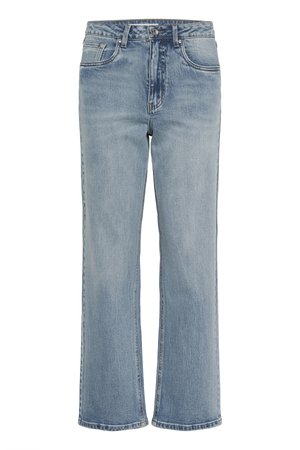 Lyseblå denimjeans med rette ben, høyt liv, fem lommer og lett frynsete kanter. Klassiske sømmer som gir detaljer over hele jeansen.