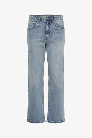 Lyseblå denimjeans med lige ben, høj talje, fem-lomme design og let frynset kant. Klassiske syninger over det hele.