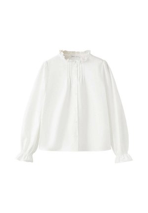 White long-sleeve blouse with ruffled collar and cuffs, front button closure, and vertical pleats on the chest.