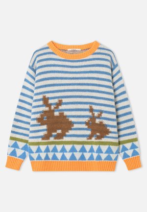 Kids' long-sleeve knitted sweater with blue and white stripes, orange collar and cuffs, brown rabbit motifs, and blue triangle pattern.