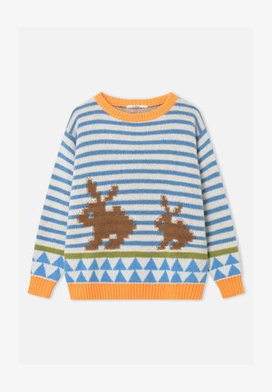 Laste pika varrukaga kootud kampsun siniste ja valgete triipudega, oranži krae ja mansettidega, pruuni jänese mustritega ning sinise kolmnurga kujundusega.