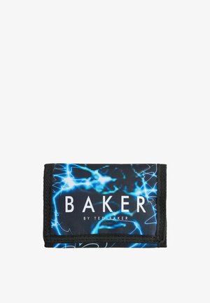 Mustast ja sinistest elektrilise mustriga kangast rahakott mustade äärtega, esiküljel keskel märgistusega "BAKER by Ted Baker".