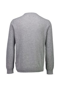 Grau gestrickter Pullover mit langen Ärmeln, rundem Ausschnitt und ribbeltem Saum. Weiche Textur mit gleichmäßigen Stichen und keinen sichtbaren Mustern.