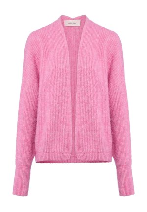 Cardigan di maglia rosa chiaro con apertura frontale, maniche lunghe e trama a coste. Realizzato in materiale morbido, presenta una vestibilità comoda.