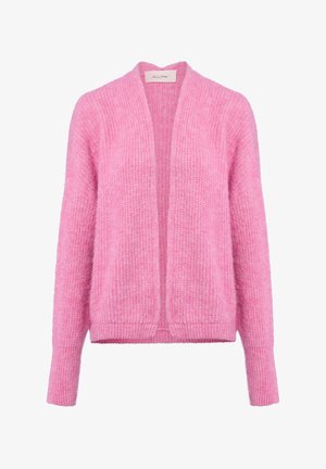 Lichtroze gebreide cardigan met open voorkant, lange mouwen en ribbelstructuur. Gemaakt van zacht materiaal en met een ontspannen pasvorm.