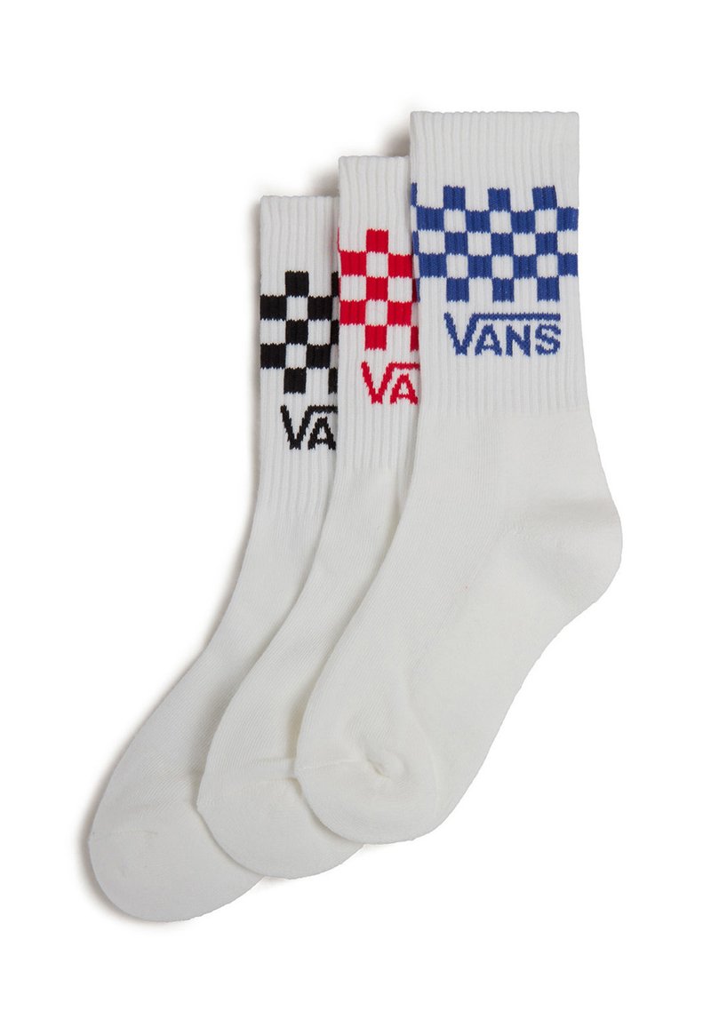 Hvide sokker med farverige ternede mønstre i rød, sort og blå; har "VANS" logo i tilsvarende farver. Materiale i bomuldsblanding.