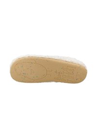 Suola di pantofole di colore crema con una base in gomma ruvida di tonalità beige chiaro, caratterizzata da un design giocoso di cartone animato e da brillanti macchie colorate incorporate.