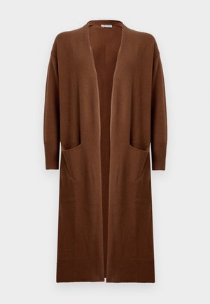 Long, open-front cardigan in dark brown knit fabric. Features two front pockets and ribbed cuffs. Soft texture, relaxed fit.