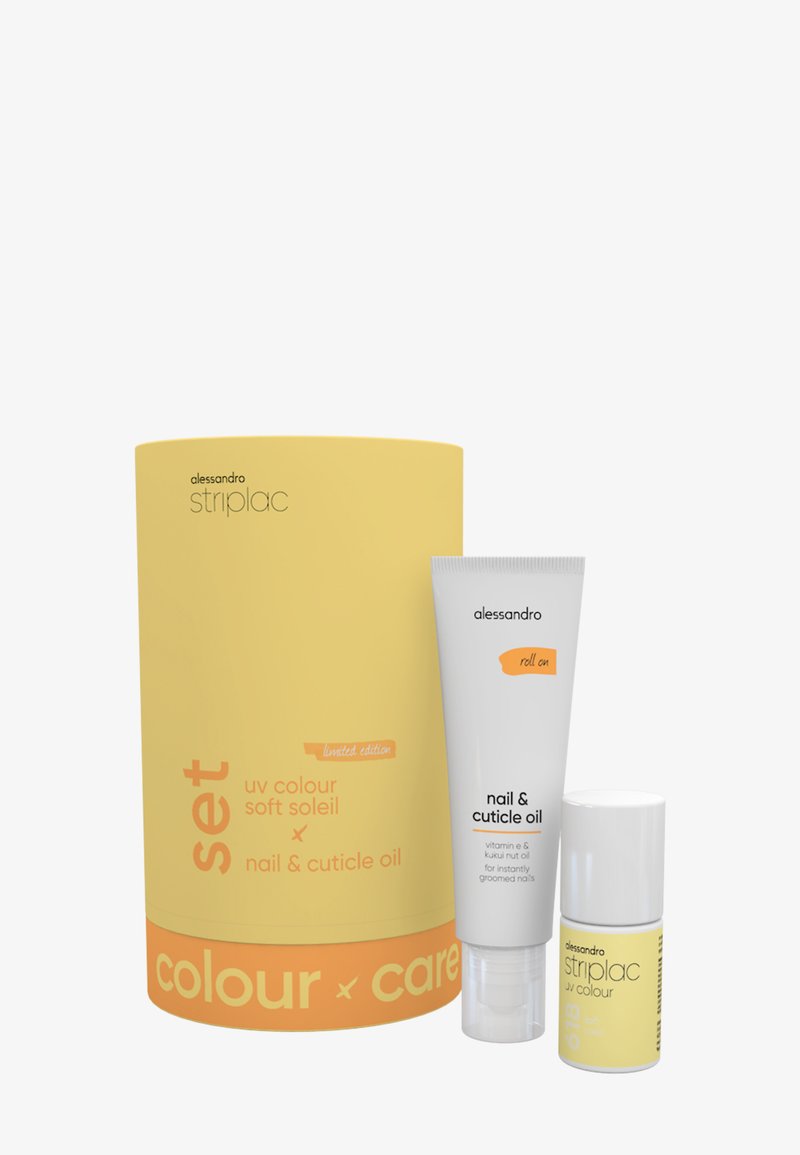 Ensemble Alessandro Striplac avec boîte cylindrique jaune, tube d'huile pour ongles et cuticules, et petit flacon de vernis à ongles UV de couleur jaune.